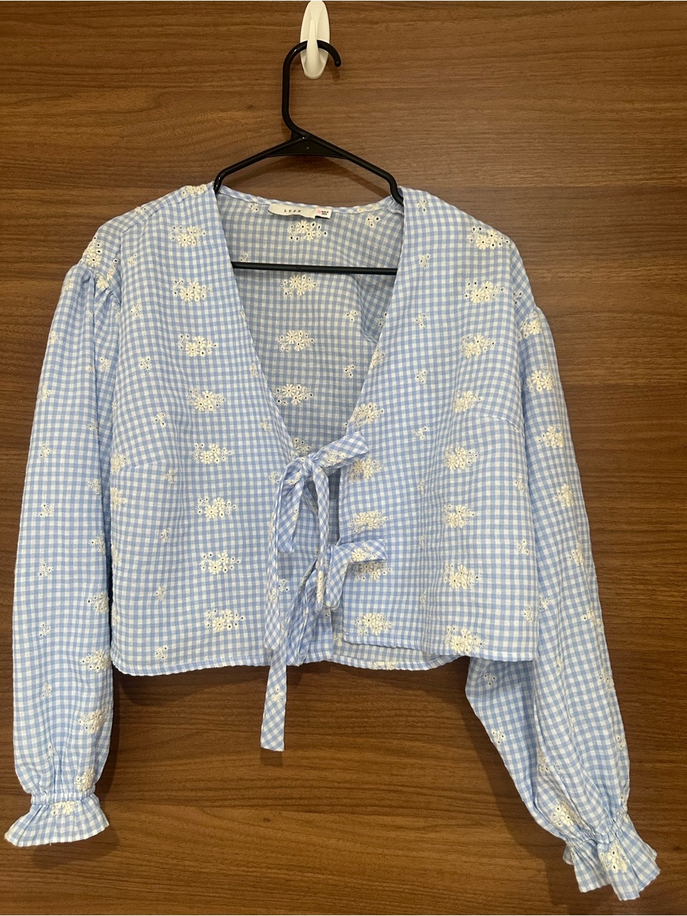 Lush Light Blue Gingham Tie-Front Embroidered Blouse size XS